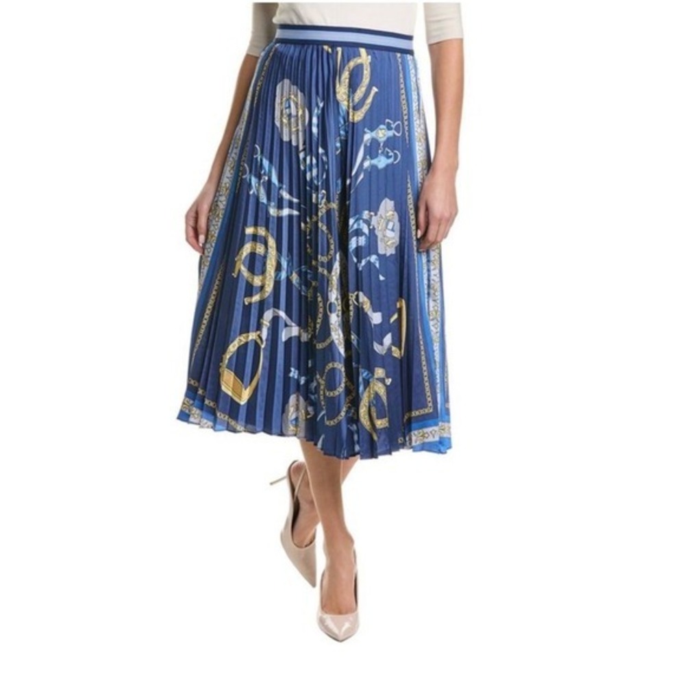 🆕 J. McLaughlin Laura Blue Amalfi Scarf Border Old Money Pleated Midi Skirt L